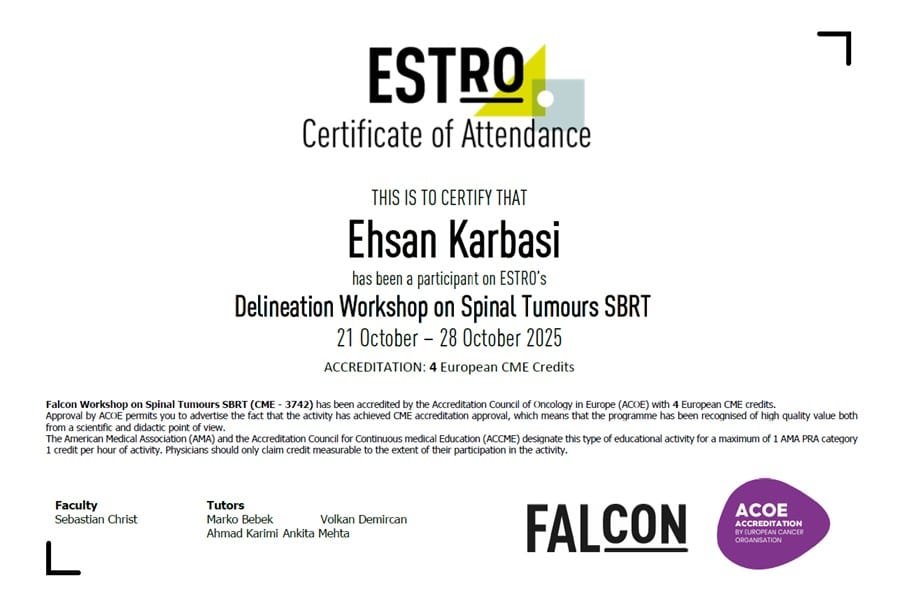 گواهی شرکت در دوره پیشرفته SBRT استریوتاکتیک برای تومورهای نخاعی و متاستازهای ستون فقرات